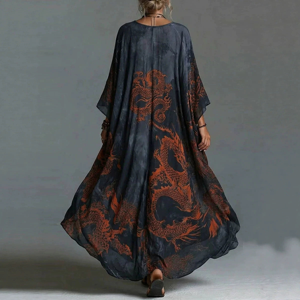 Eprolo dragon print beach vacation long dress outerwear featuring vibrant dragon designs and flowing fabric for summer wear