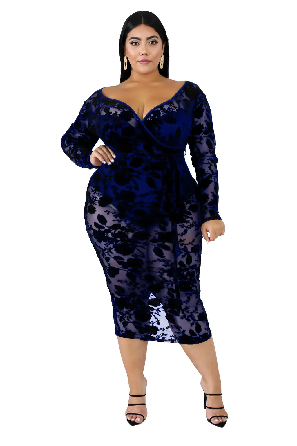 Plus size black lace bodycon dress for women by Trendy Attic Store01, shown on a model with fitted design and elegant lace details.