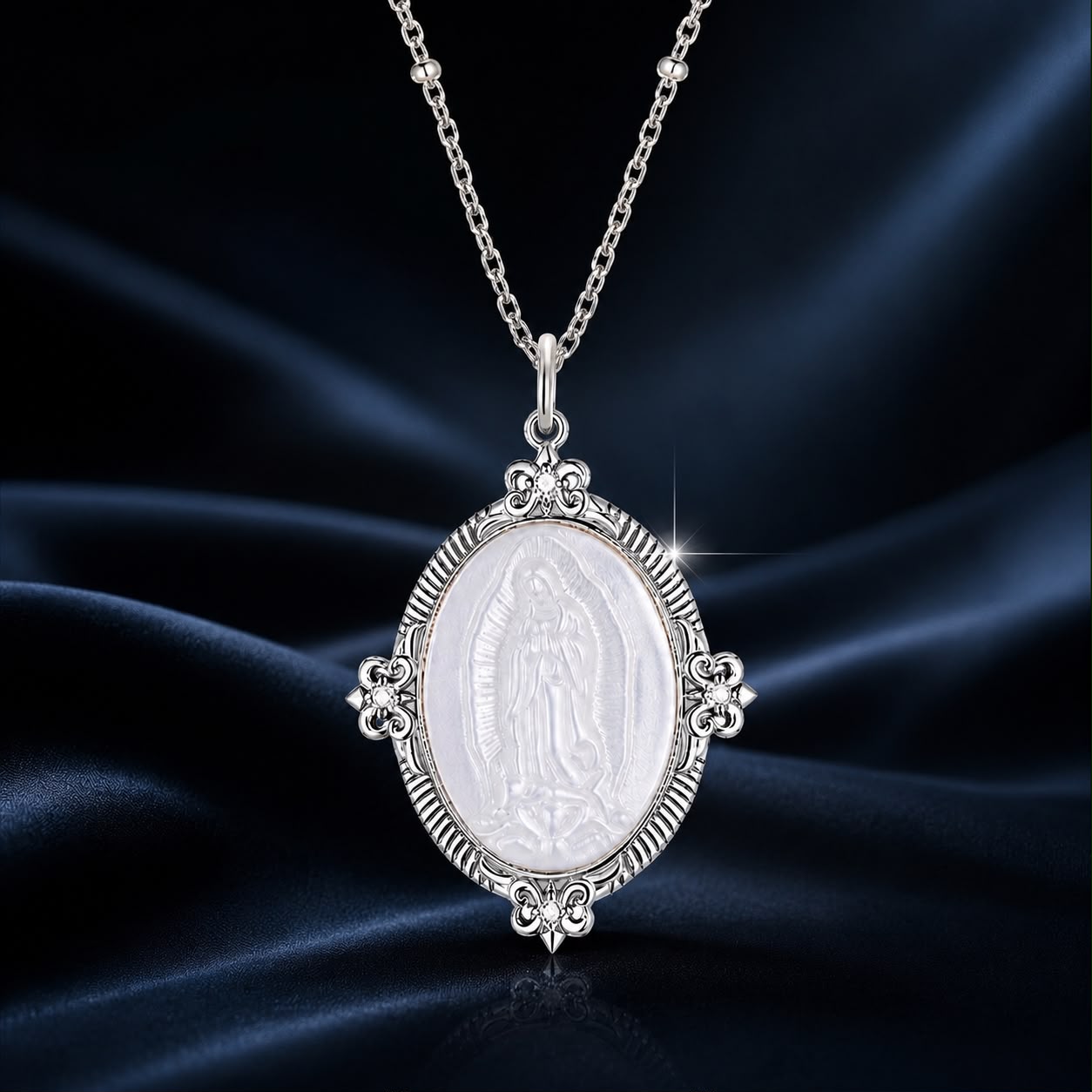 Sterling silver necklace with white gold plating, 40+5cm, CZ and mother of pearl pendant, elegant jewelry for women