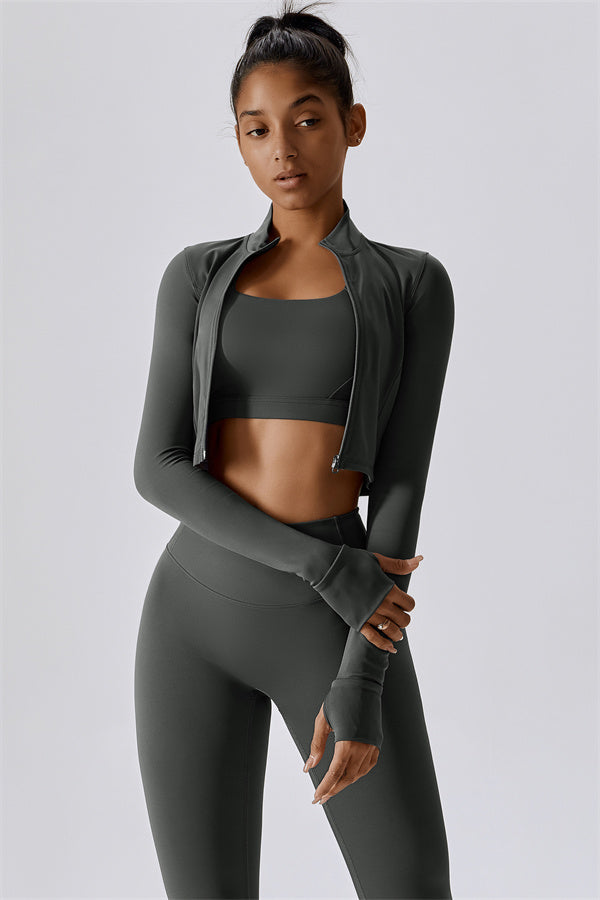 Fitglutes Activewear Eloise Jacket, sports bra, and leggings matching set for workout and gym activities.
