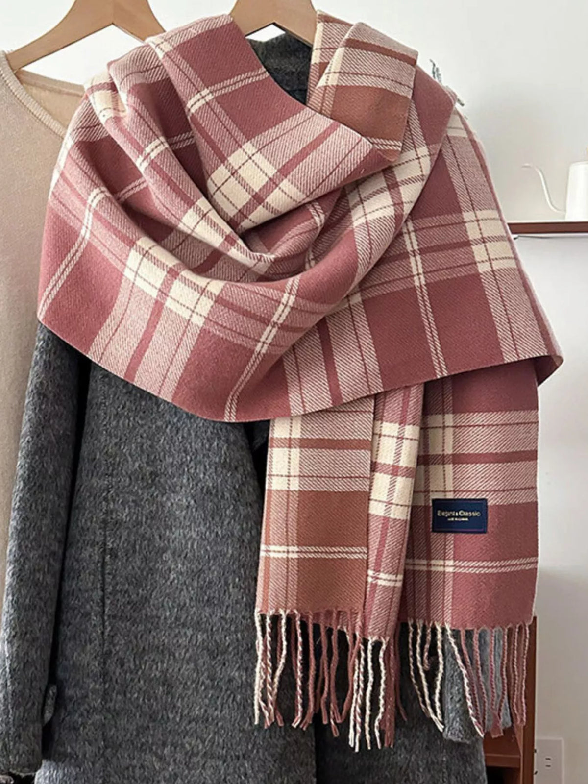Simply Love classic fringe plaid scarf featuring a multicolor checkered pattern and fringed edges for a stylish, cozy accessory.