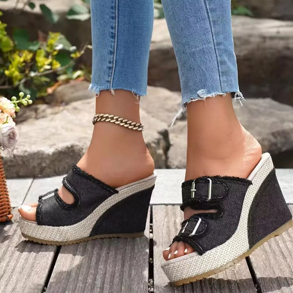 Shopimist buckle open toe wedge sandals with ankle strap and platform sole, stylish summer footwear for women.