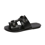 Shopimist buckled leather slide sandals with wide straps and a sturdy buckle for comfortable summer wear.