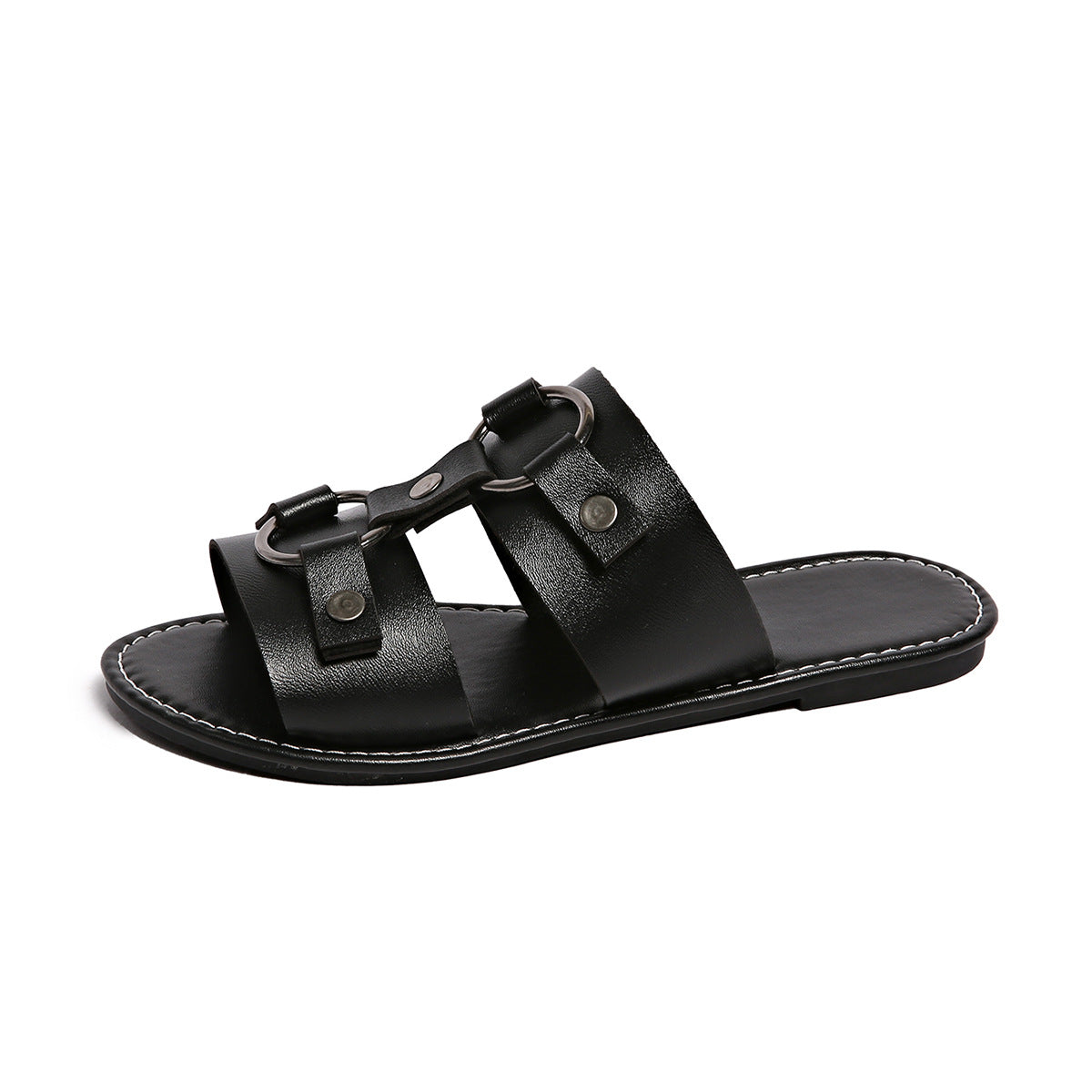 Shopimist buckled leather slide sandals with wide straps and a sturdy buckle for comfortable summer wear.