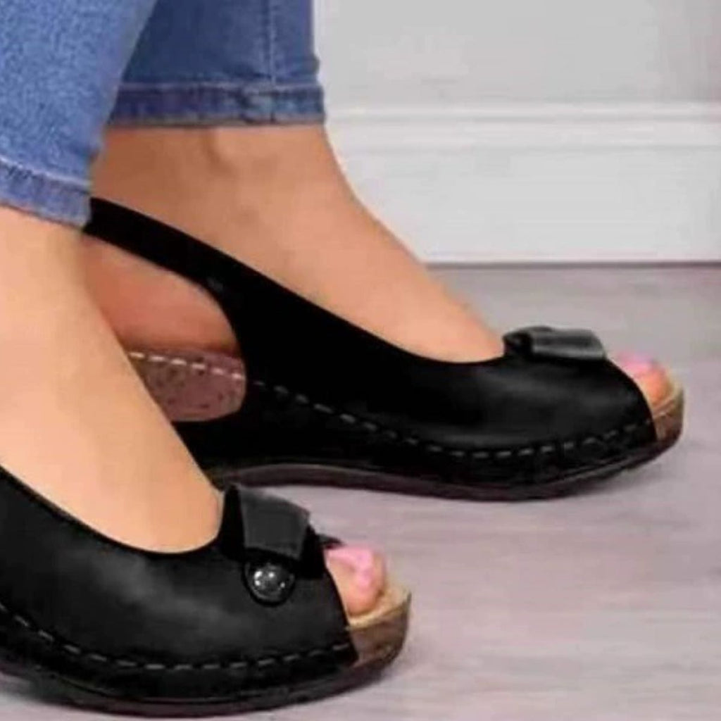 Women's comfortable peep toe wedge sandals with mid-heel, casual dress shoes in neutral tones, featuring stylish straps.