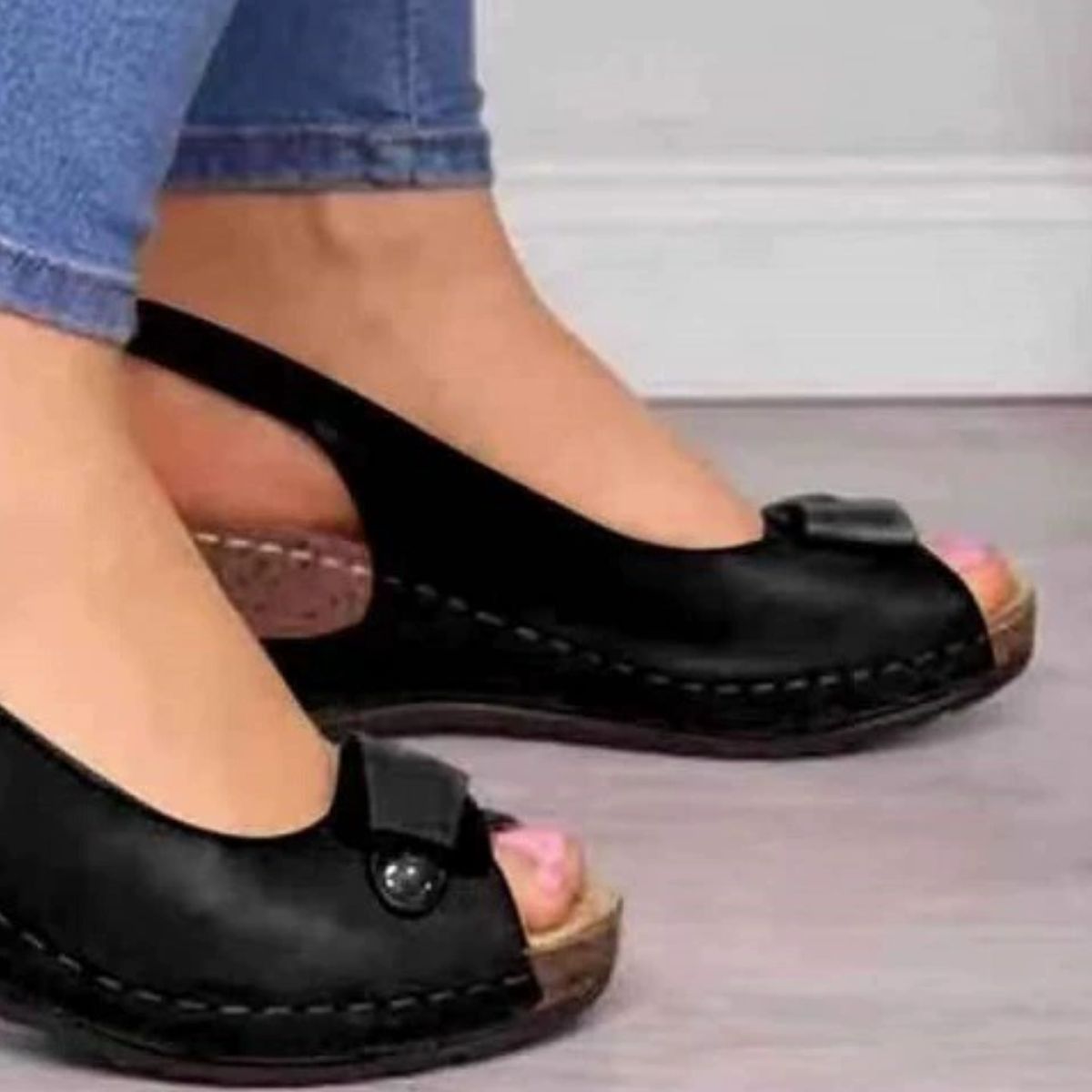 Women's comfortable peep toe wedge sandals with mid-heel, casual dress shoes in neutral tones, featuring stylish straps.