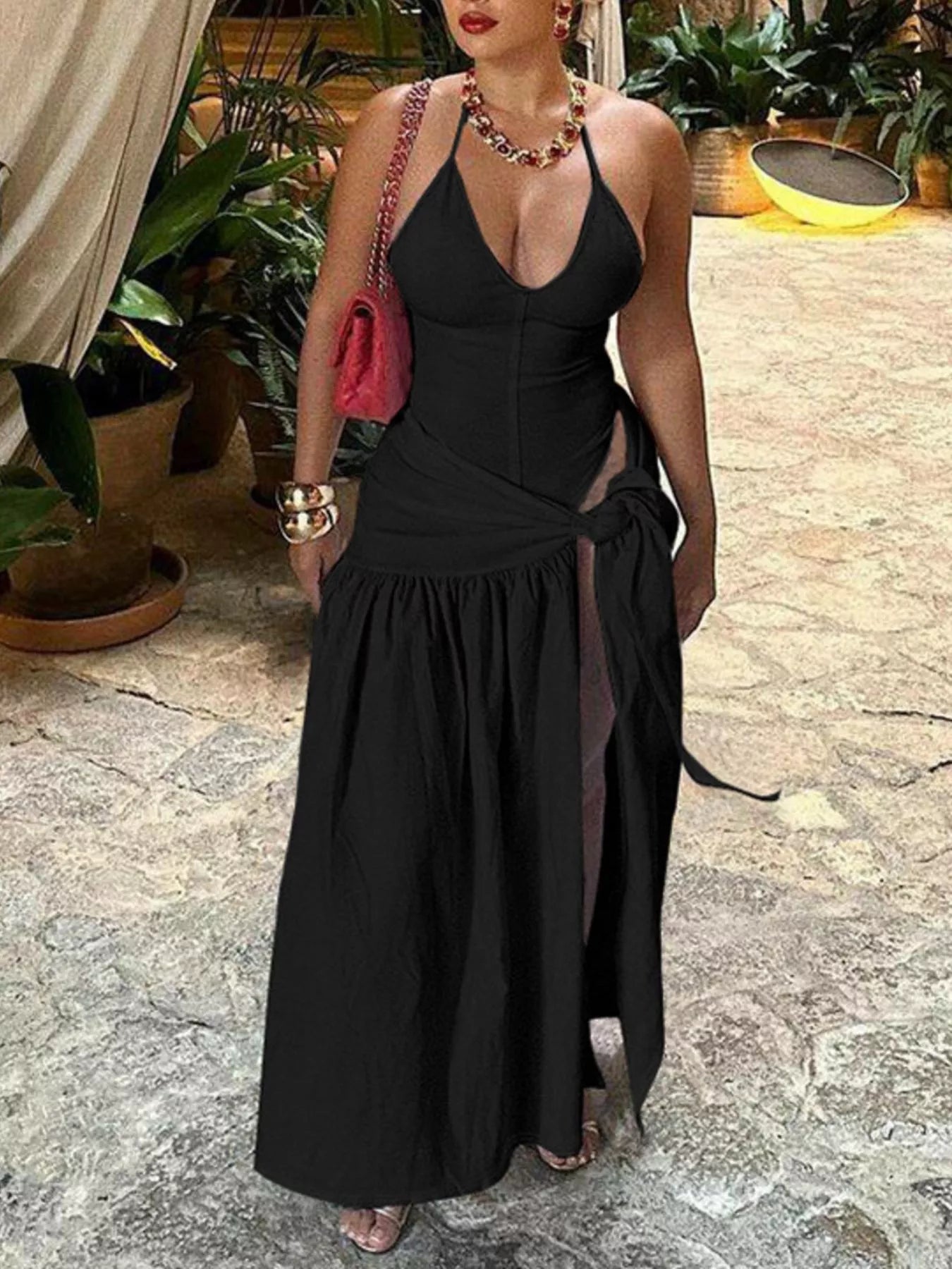 Halter neck ruched bodysuit and matching maxi skirt set by Shopimist, stylish and form-fitting for elegant outfits.