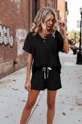 Solid color short sleeve t-shirt and shorts two-piece set by Plush Fashion Hub, available in five colors, casual and comfortable.