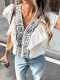Ruffled V-neck blouse by Shopimist featuring soft fabric, feminine ruffles, and a stylish V-neck design, worn on a model.
