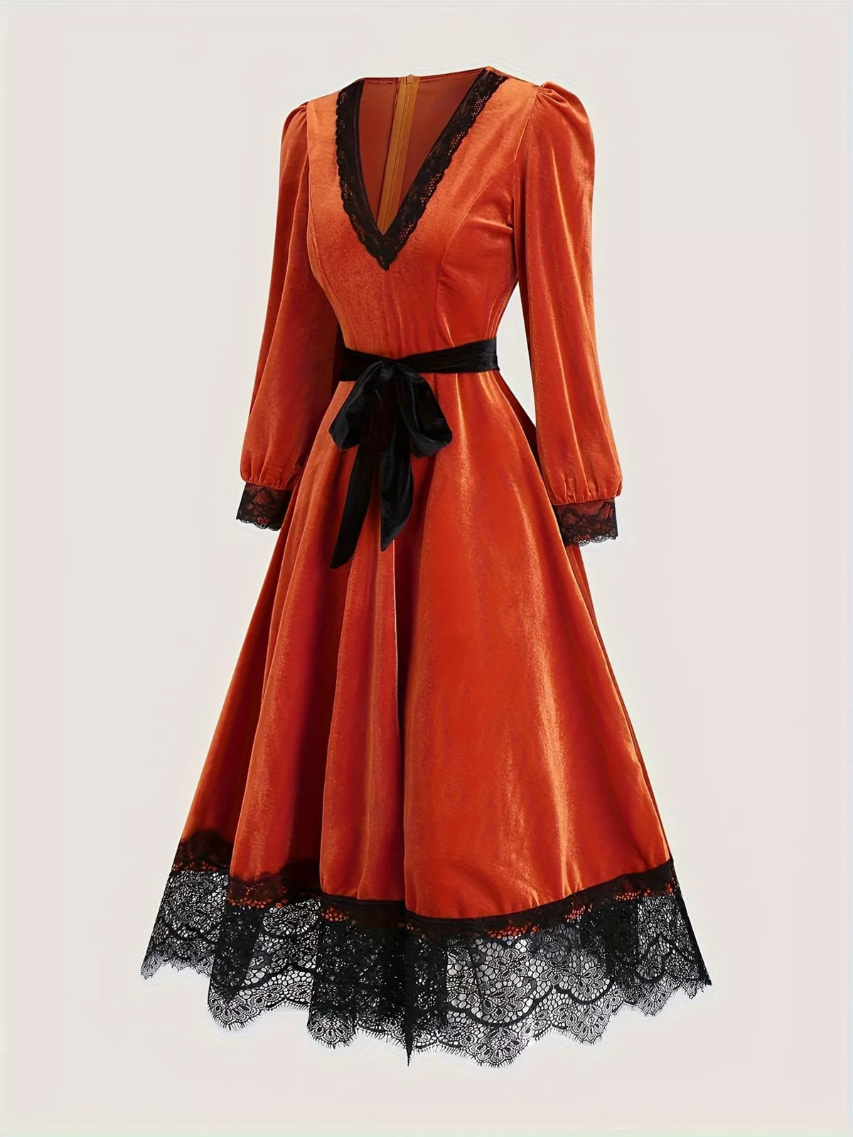 Velvet V-neck midi dress with lace trim and waist tie, stylish and elegant fashion dress from Trendsi.