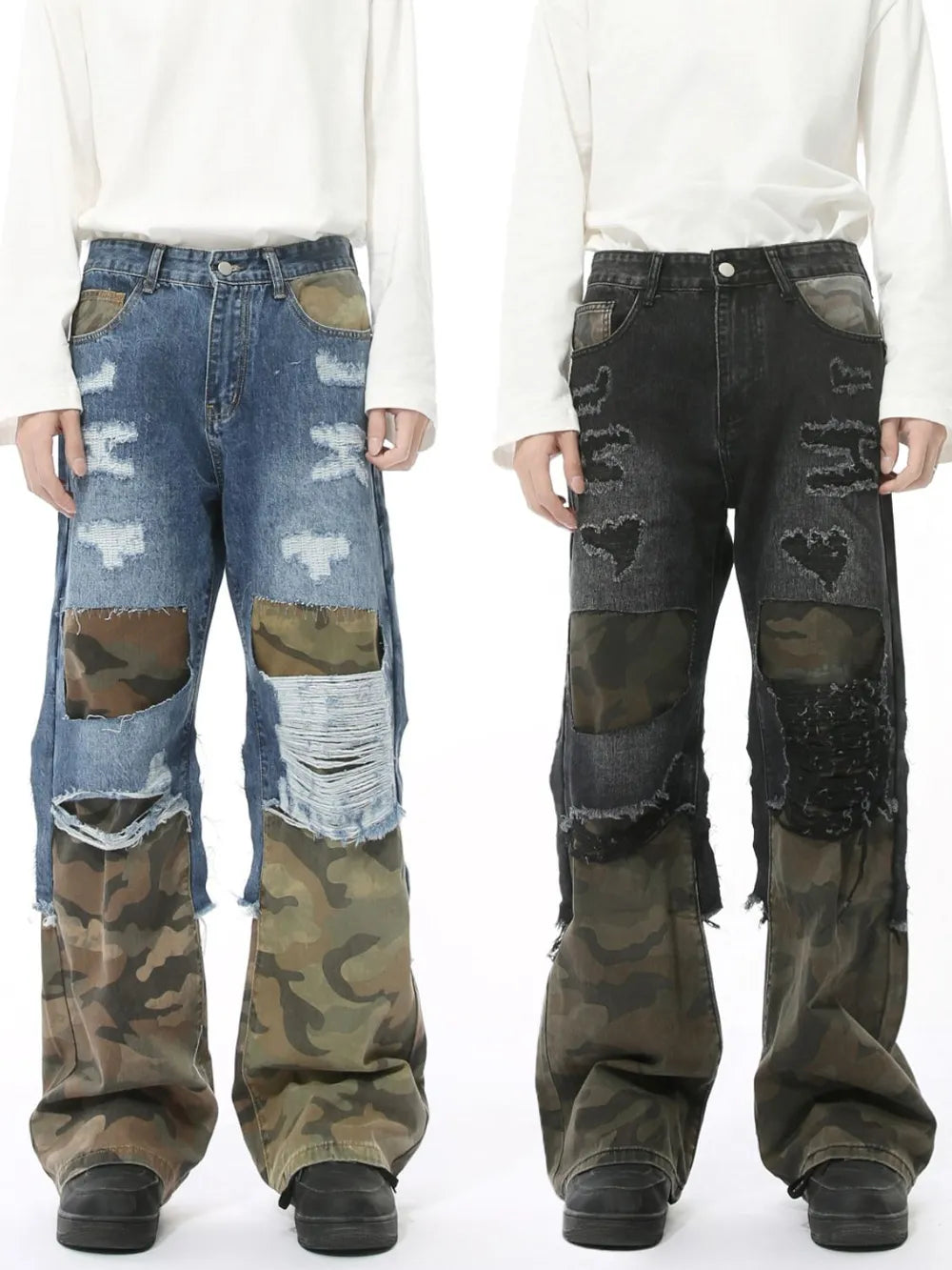 Distressed camouflage patchwork jeans from Trendsi featuring a rugged, stylish design with mixed fabric patches and frayed details.