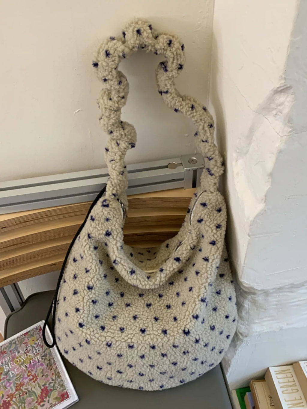 Sherpa ruched strap handbag by Shopimist featuring a cozy textured surface and stylish design, perfect for casual and chic outfits.