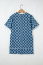 Threaded Pear Jessie Hem Checkered Mini Dress shown on a model, featuring a stylish mini length and checkered pattern.