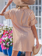 Plush Fashion Hub stripe pinched V-neck mini dress with turn-up cuffs and front pockets, stylish and fitted for casual wear.