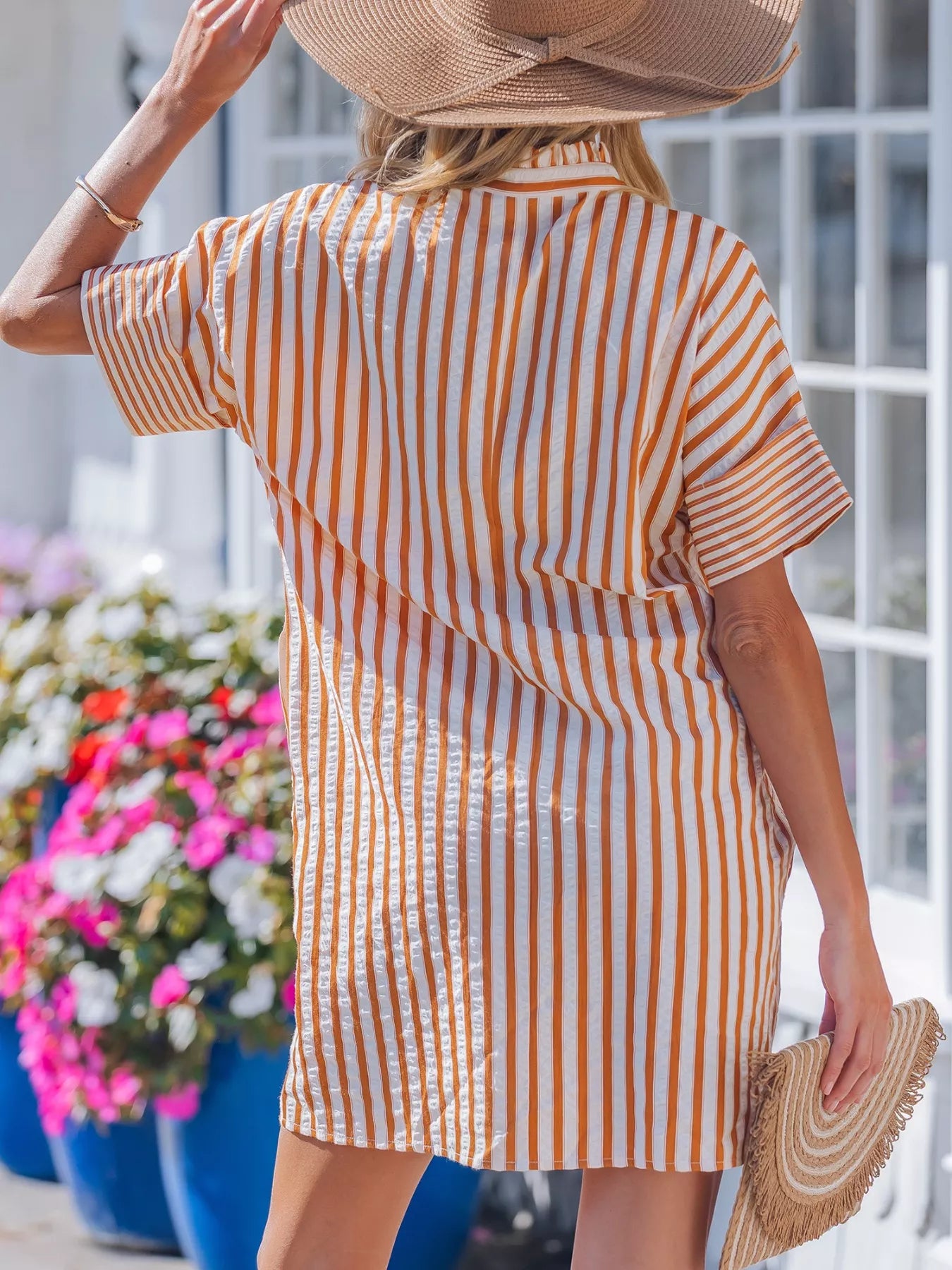 Plush Fashion Hub stripe pinched V-neck mini dress with turn-up cuffs and front pockets, stylish and fitted for casual wear.