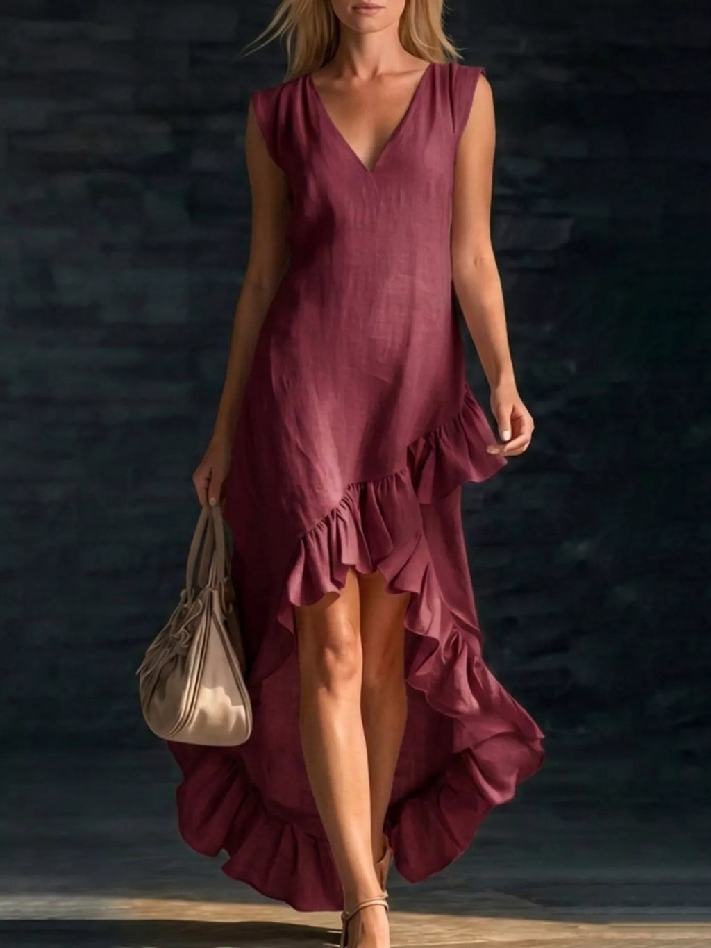 Plus size high-low dress with v-neck and ruffle hem, trendy Trendsi full size v-neck ruffle hem high-low dress, stylish and flowy.
