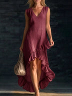 Plus size high-low dress with v-neck and ruffle hem, trendy Trendsi full size v-neck ruffle hem high-low dress, stylish and flowy.