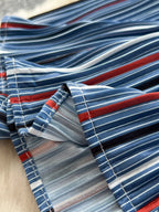 Plus size striped patchwork denim skirt from Plush Fashion Hub, featuring a full-length design with colorful patchwork details.