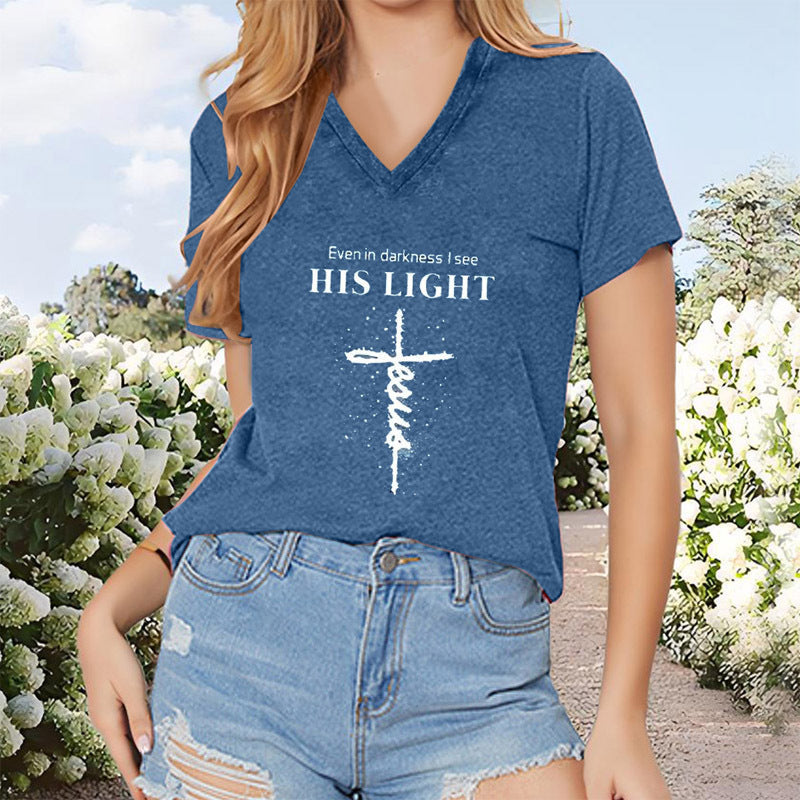 Women's V-neck T-shirt by FitiqueFit featuring a geometric cross design, short sleeves, and casual summer style.