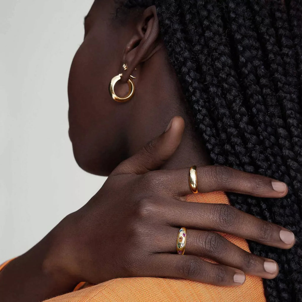 Colorful zircon ring with 18K gold-plated finish, featuring vibrant gemstones and a sleek band design.