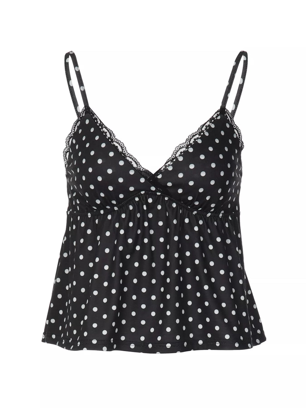 Polka dot lace trim cami top by Shopimist featuring delicate lace details and a stylish polka dot pattern.