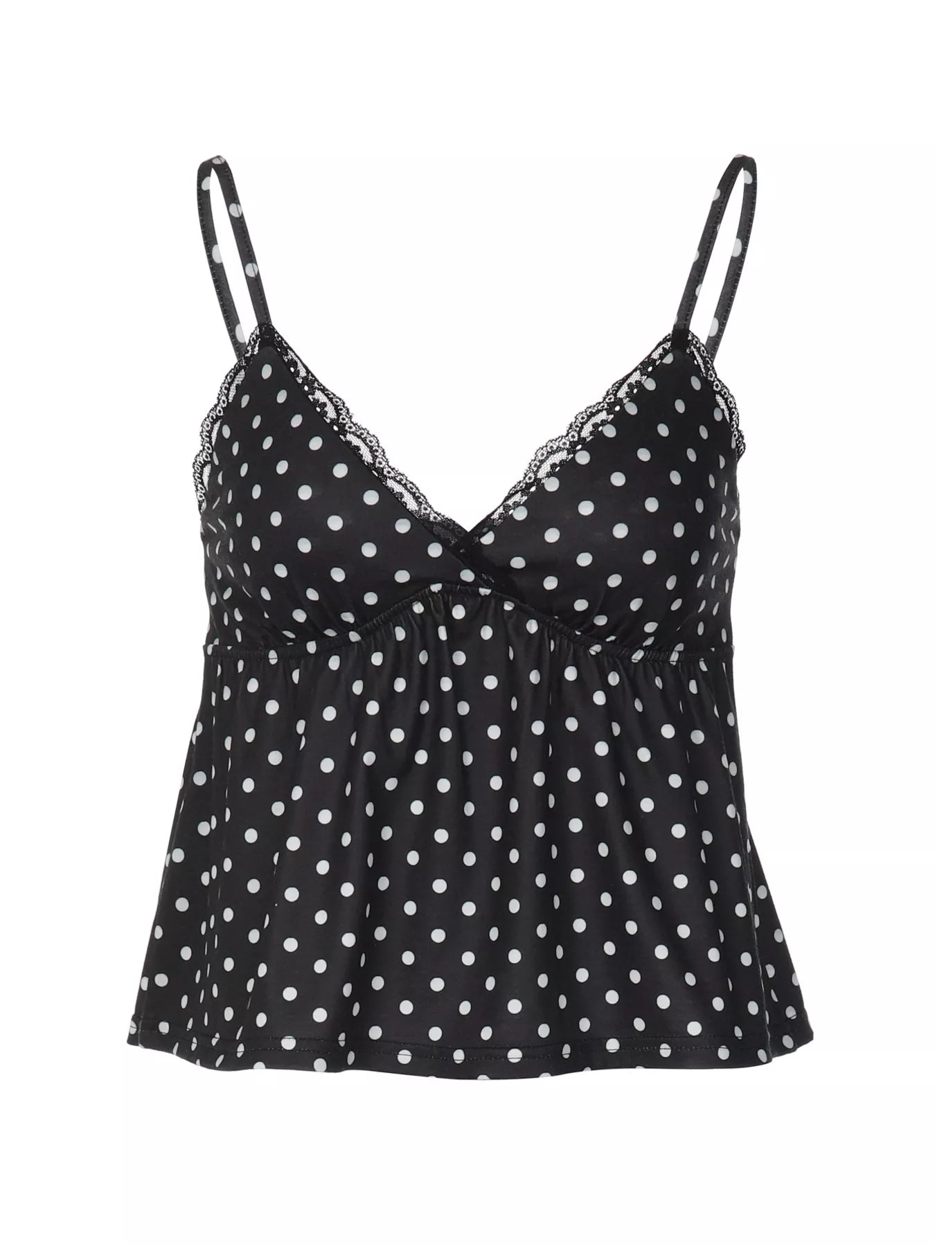 Polka dot lace trim cami top by Shopimist featuring delicate lace details and a stylish polka dot pattern.