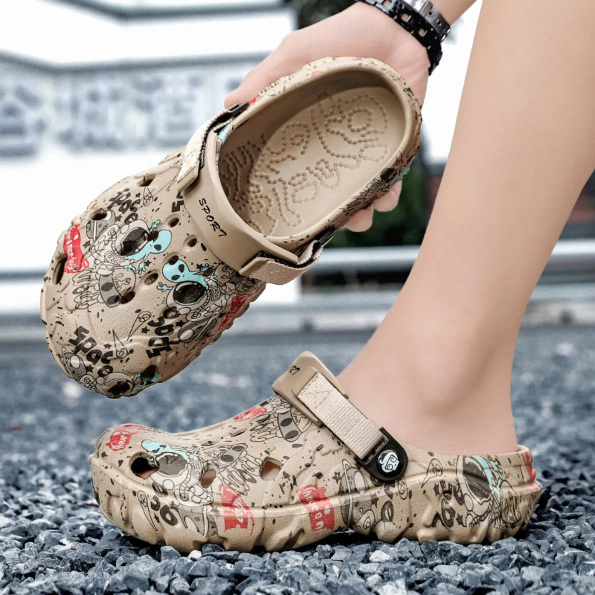 Men's printed platform sandals by Plush Fashion Hub, showcasing stylish footwear with bold printed design and elevated sole.
