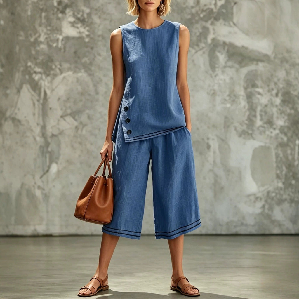 Women's tank top and wide-leg pants set by Plush Fashion Hub featuring side splits, pockets, and button details.