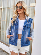 VYSN Pocketd button-up denim jacket with detachable hood, casual fashion clothing featuring front pockets and classic blue denim fabric.