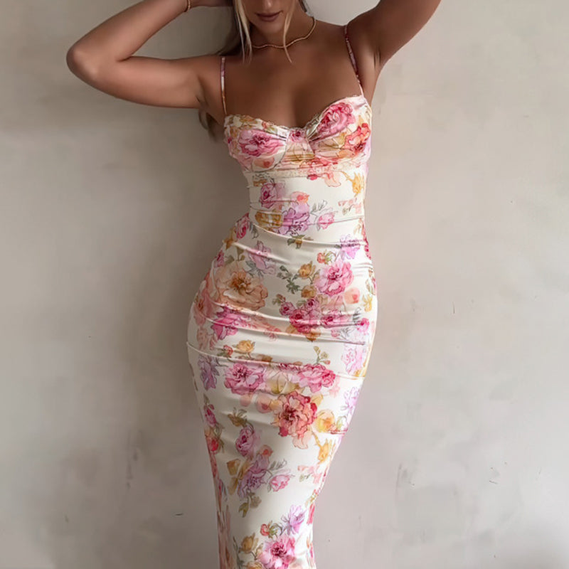 Women’s floral bodycon maxi dress by FitiqueFit featuring spaghetti straps, perfect for summer vacations and casual wear.