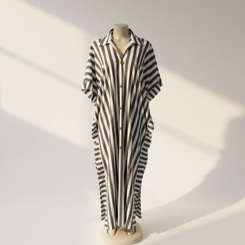African-inspired striped loose long dress from Plush Fashion Hub in one size and five colors, featuring vibrant, flowing fabric.