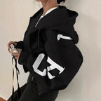 Women’s zip-up printed sweatshirt hoodie by FitiqueFit, long sleeve casual jacket with colorful pattern and front zipper.