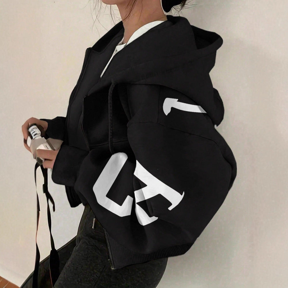 Women’s zip-up printed sweatshirt hoodie by FitiqueFit, long sleeve casual jacket with colorful pattern and front zipper.