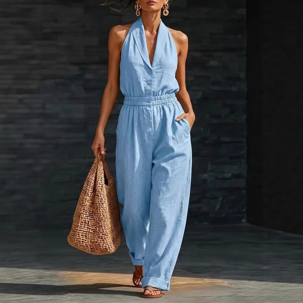 Women's knitted V-neck slim-fit cropped jumpsuit by Plush Fashion Hub, featuring a casual knitted design and V-neck style.