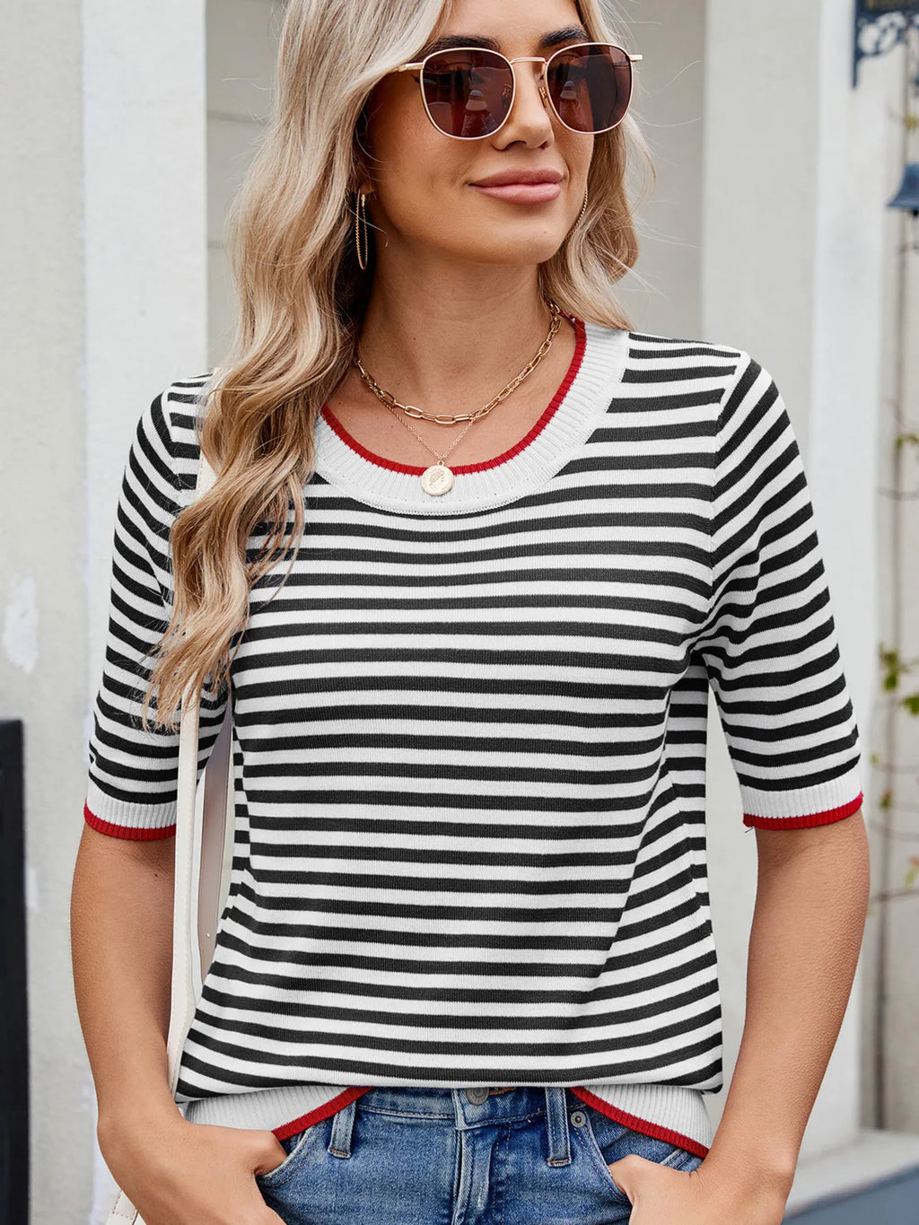 Casual striped T-shirt with contrast trim from Trendsi, featuring a relaxed fit and stylish design, shown in the product image.
