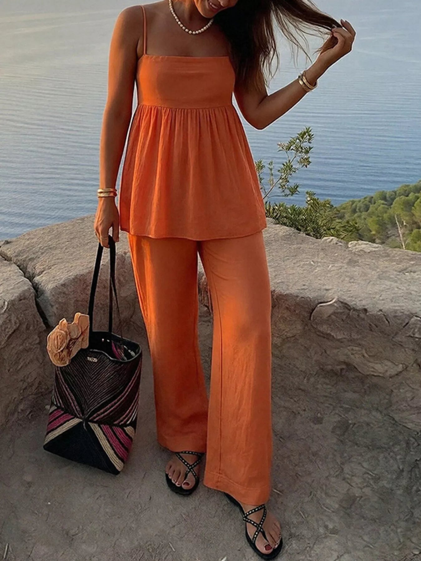 Square neck cami and wide-leg pants set by Plush Fashion Hub, featuring a stylish two-piece outfit in a modern design.