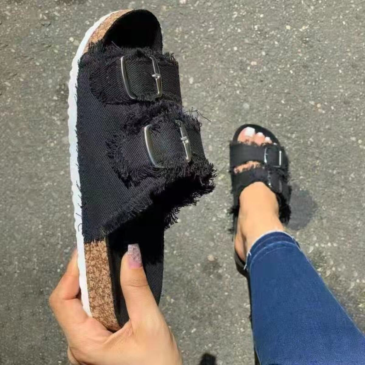Plush Fashion Hub frayed edge buckle sandals featuring open toes, ankle strap, and stylish distressed design for summer wear.