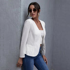 White Open-Front Cropped Blazer – Women's Plus Size Collarless Long Sleeve Jacket