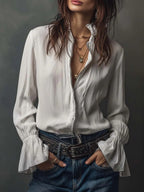 Women's ruffled sleeve resort shirt by Plush Fashion Hub, casual long blouse with stretch fabric and stylish ruffled sleeves.