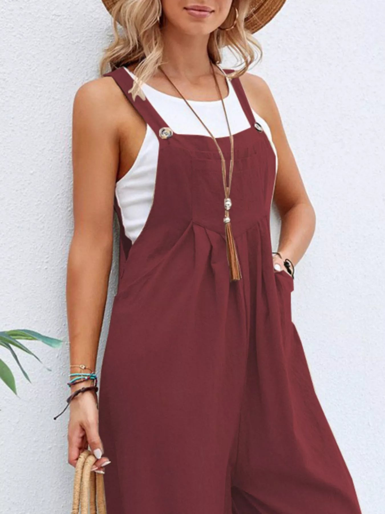 Plus size Shopimist casual wide-leg overalls with pockets, full-length, comfortable denim-style overalls for everyday wear.