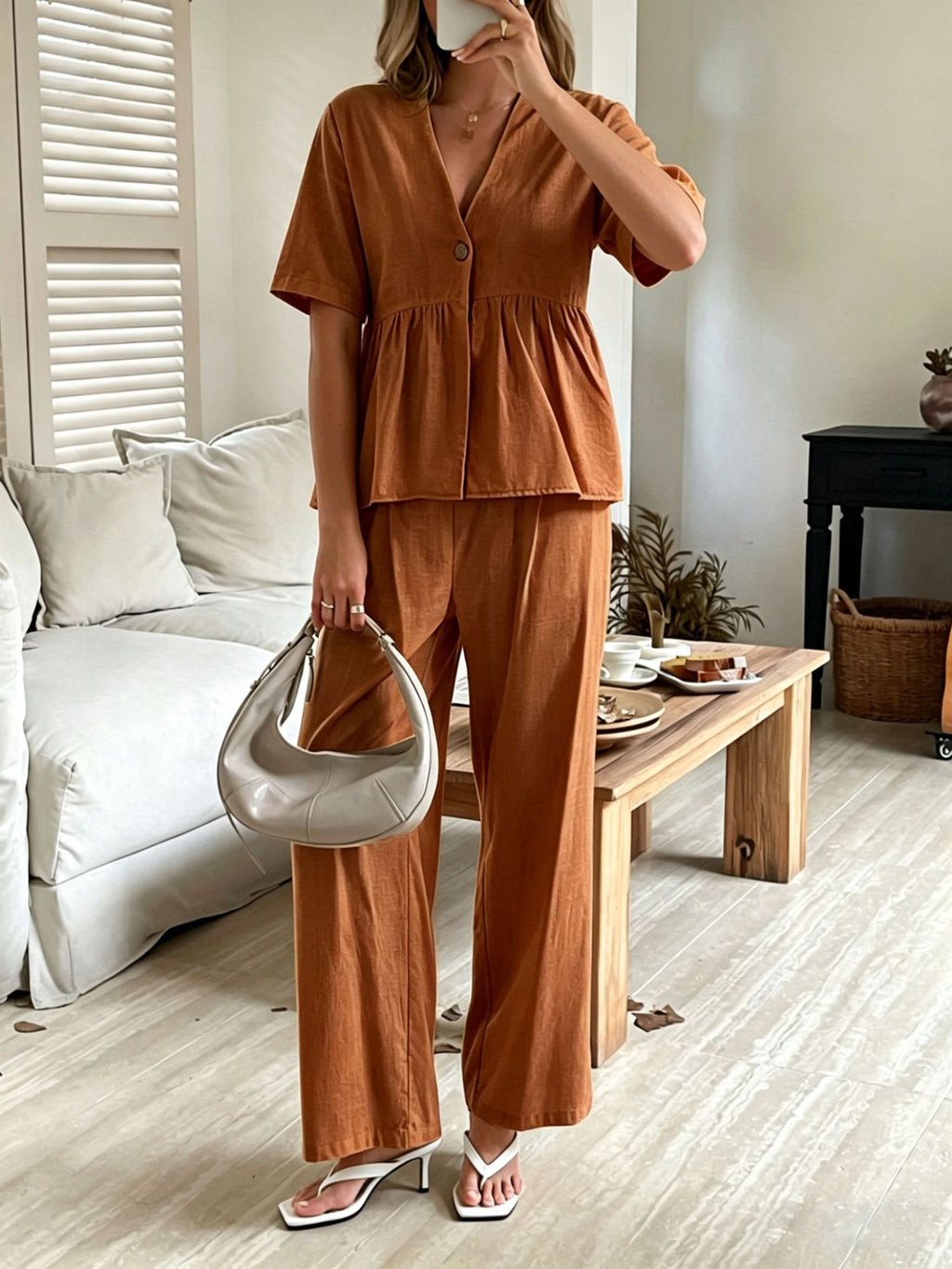 Women's FitiqueFit casualwear set with V-neck loose short-sleeve top and wide-leg pants, shown in a relaxed fit and soft fabric.
