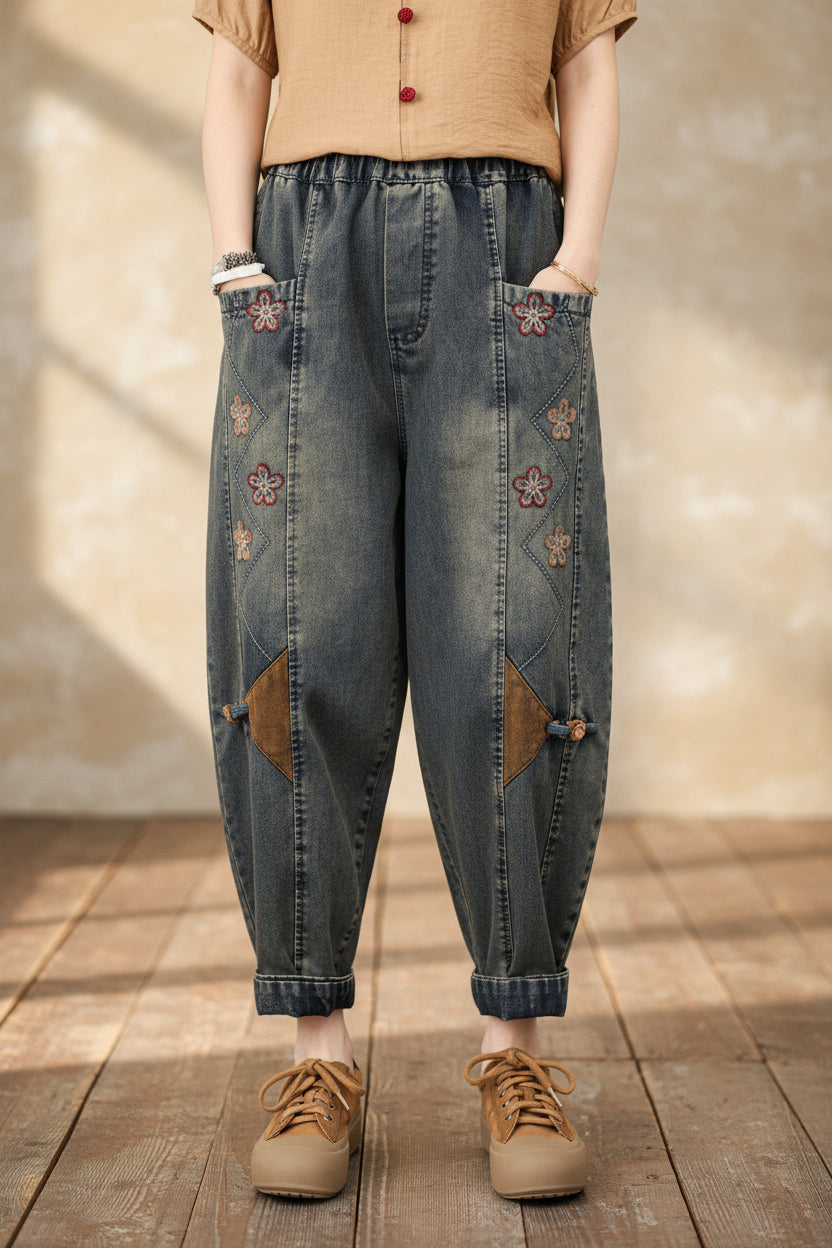 Women's high waist denim harem pants with patchwork embroidery, cropped and wide-leg, casual FitiqueFit denim trousers.