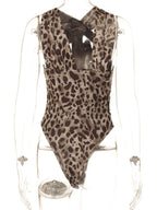 Leopard print asymmetrical ruched bodysuit by Trendsi, stylish animal print one-piece top with fitted design and ruched details.