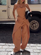 Camel spaghetti strap corset top and wide-leg pants set by FitiqueFit, casualwear for women, shown on a model.