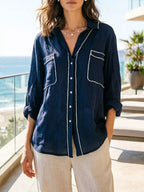 Shopimist contrast trim button-up long sleeve shirt with a classic collar and chest pocket, featuring stylish contrast accents.