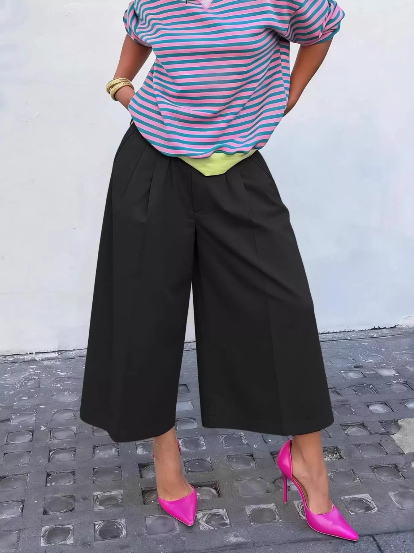 Plush Fashion Hub wide-leg cropped pants in soft fabric, relaxed fit, and stylish design displayed on a model.