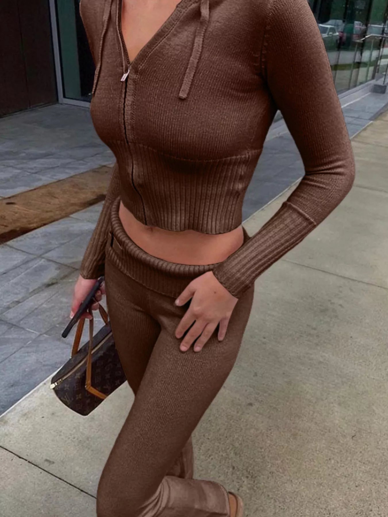 Trendsi zip-up hooded cardigan and pants sweater set, cozy knit with front zipper and hood, casual loungewear ensemble.