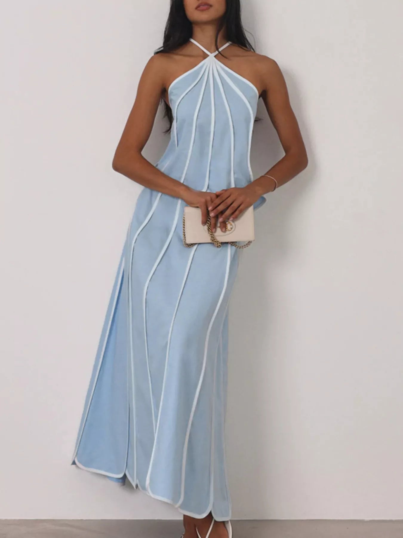 Plush Fashion Hub halter neck scalloped hem top and skirt set, stylish coordinated outfit with ruffled details and fitted design.