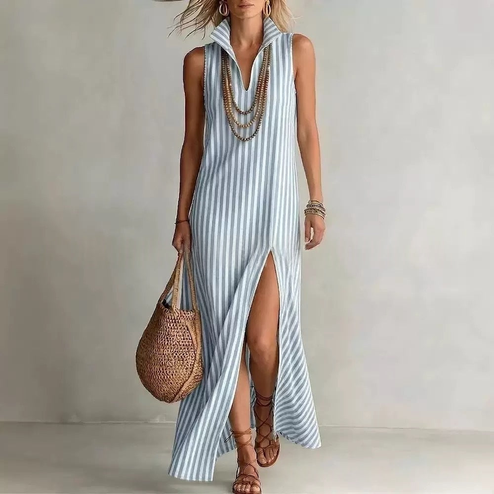 Striped sleeveless maxi dress with stand collar and side slit from FitiqueFit, casual A-line cami style in water-inspired pattern.