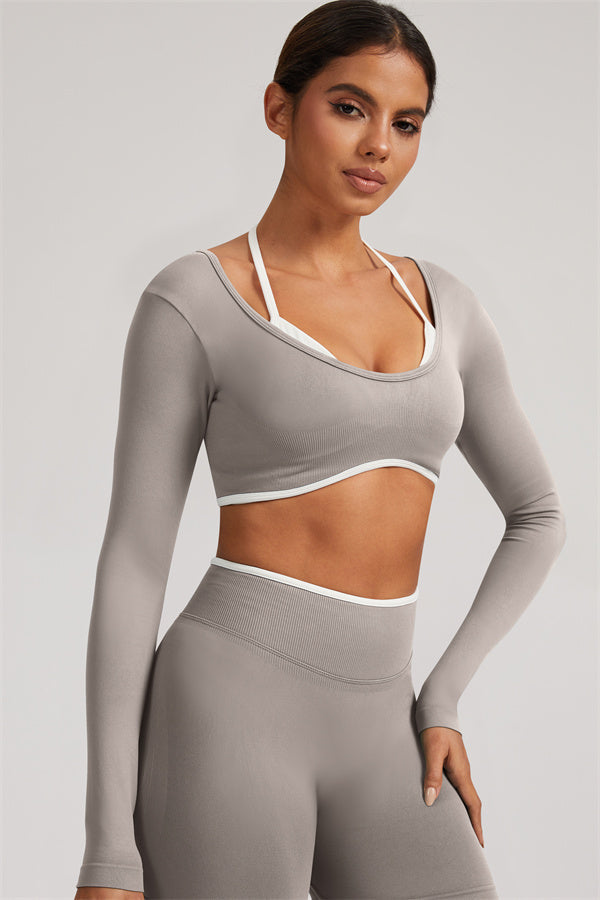 Fitglutes Activewear long sleeve crop top and leggings 2-piece set, designed for gym and workout, in sleek athletic style.